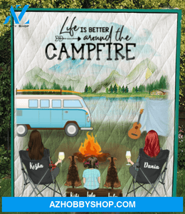 Personalized Gift For Same Sex Couple - Personalized Camping Blanket - 2 Women with 1 Kid & 2 Dogs Camping Quilt Blanket - Life is better around the campfire