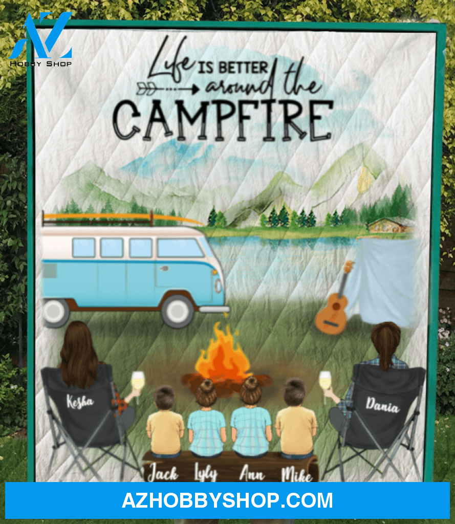 Personalized Gift For Same Sex Couple - Personalized Camping Blanket - 2 Women with 4 Kids Camping Blanket - Happy Campers