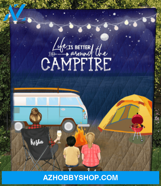 Personalized Gift For Single Mom - Mom & 2 Kids night beach camping quilt - Best mother’s day gift ideas