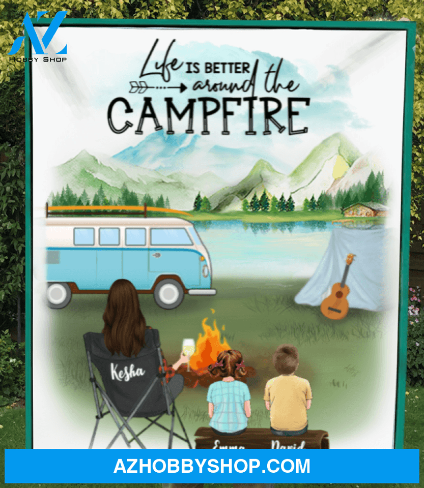 Personalized Gift For Single Mom - Mom & 2 Kids camping quilt blanket - Best mother’s day gift ideas - Life is better around the campfire