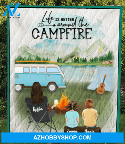 Personalized Gift For Single Mom - Mom & 2 Kids camping quilt blanket - Best mother’s day gift ideas - Life is better around the campfire