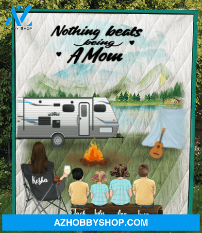 Personalized Gift For Single Mom - Mom with 4 Kids camping quilt - Best mother’s day gift ideas - Nothing beats being a mom