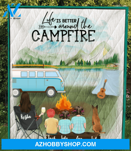 Personalized Gift For Single Mom - Mom with 3 Kids & 1 Dog camping quilt blanket - Life is better around the campfire