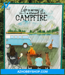 Personalized Gift For Single Mom - Mom with 1 Kid & 2 Dogs camping quilt - Life is better around the campfire