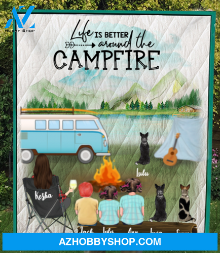 Personalized Gift For Single Mom - Mom with 3 Kids & 3 Dogs Camping Quilt Blanket - Life is better around the campfire