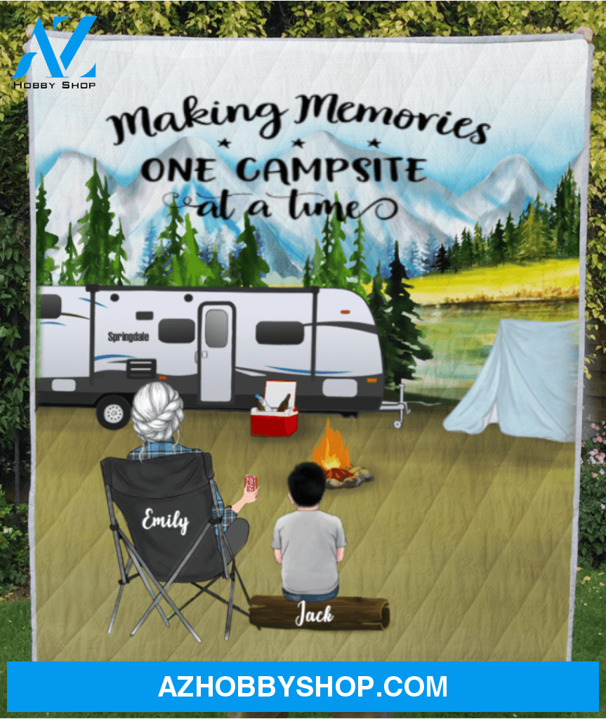 Personalized gift for single mom - Mom with 1 kid mountain camping quilt blanket - Making Memories One Campsite At A Time