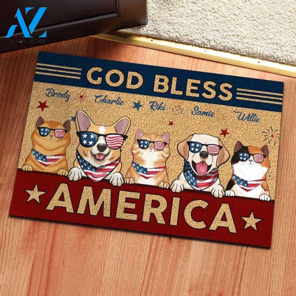 Personalized God Bless America Doormat, Dog Cat 4th Of July Doormat, Independence Day, Pet Lovers Gift, New Home Gifts, Housewarming Gifts
