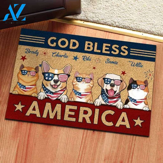 Personalized God Bless America Doormat, Dog Cat 4th Of July Doormat, Independence Day, Pet Lovers Gift, New Home Gifts, Housewarming Gifts