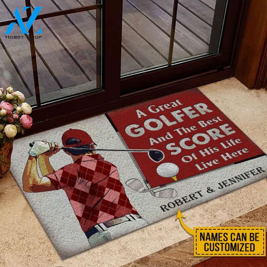 Personalized Golf Red Couple Golfer Best Score Live Customized Doormat | WELCOME MAT | HOUSE WARMING GIFT