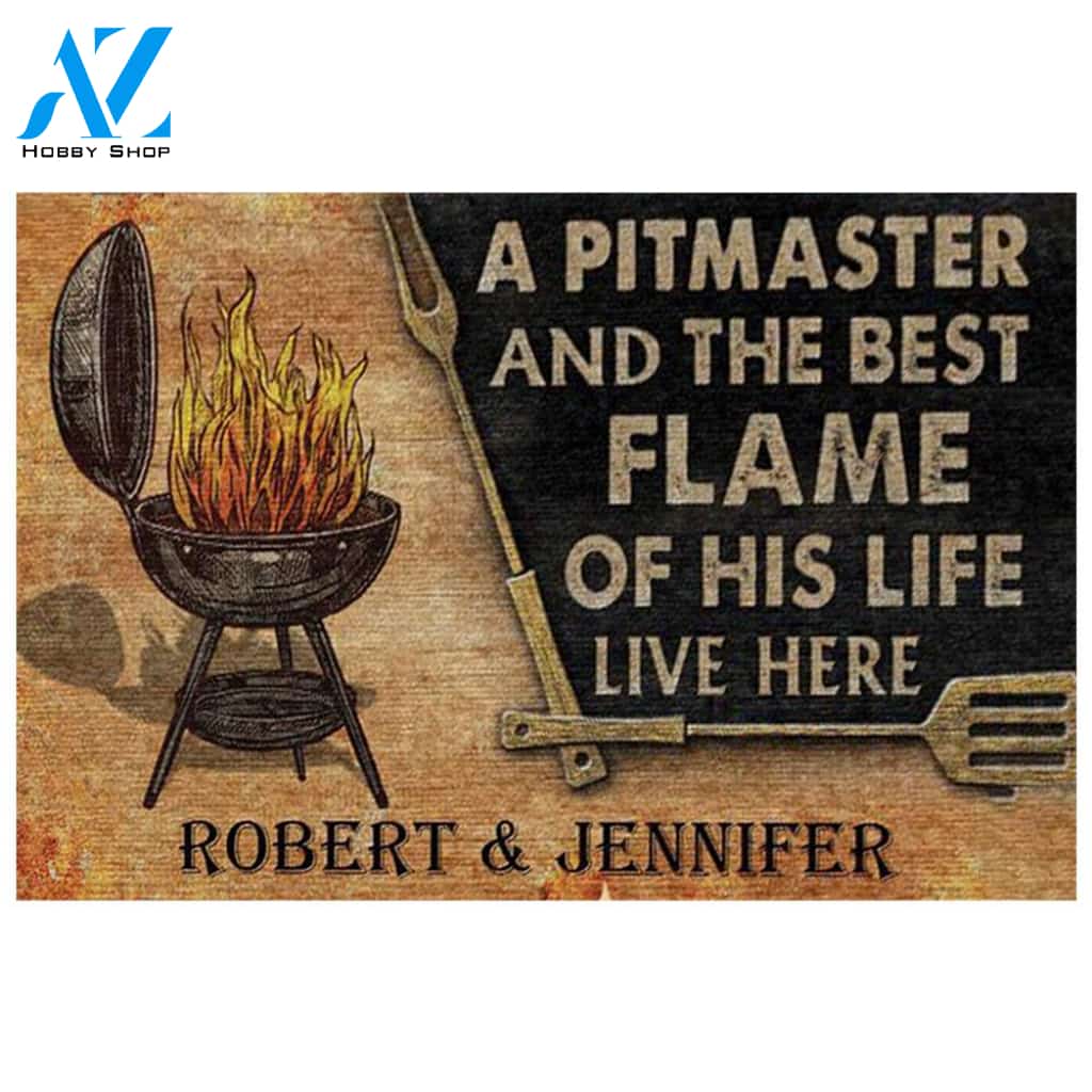 Personalized Grilling Couple Pitmaster & The Best Flame Of His Life Live Here Funny Indoor And Outdoor Doormat Warm House Gift Welcome Mat Birthday Gift