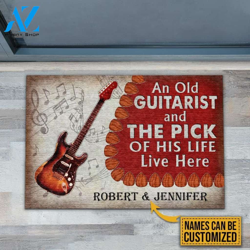 Personalized Guitar Old Couple Live Here Red Customized Doormat