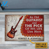 Personalized Guitar Old Couple Live Here Red Customized Doormat