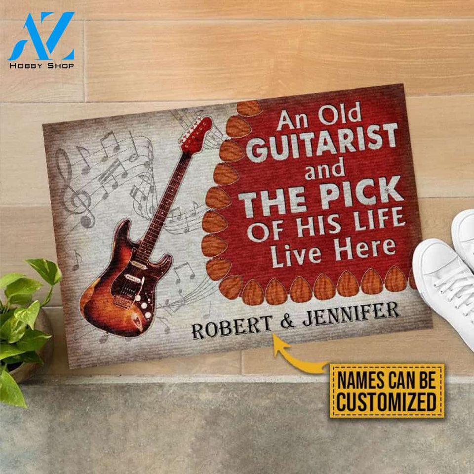 Personalized Guitar Old Couple Live Here Red Customized Doormat