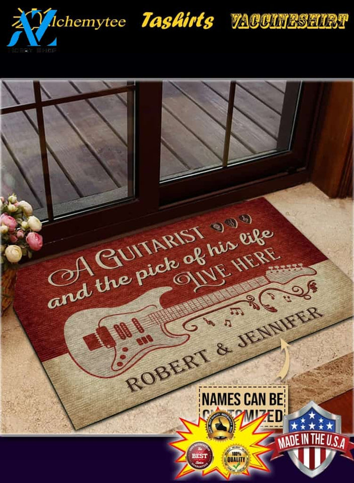 Personalized Guitar Red Old Couple Live Here Customized Doormat