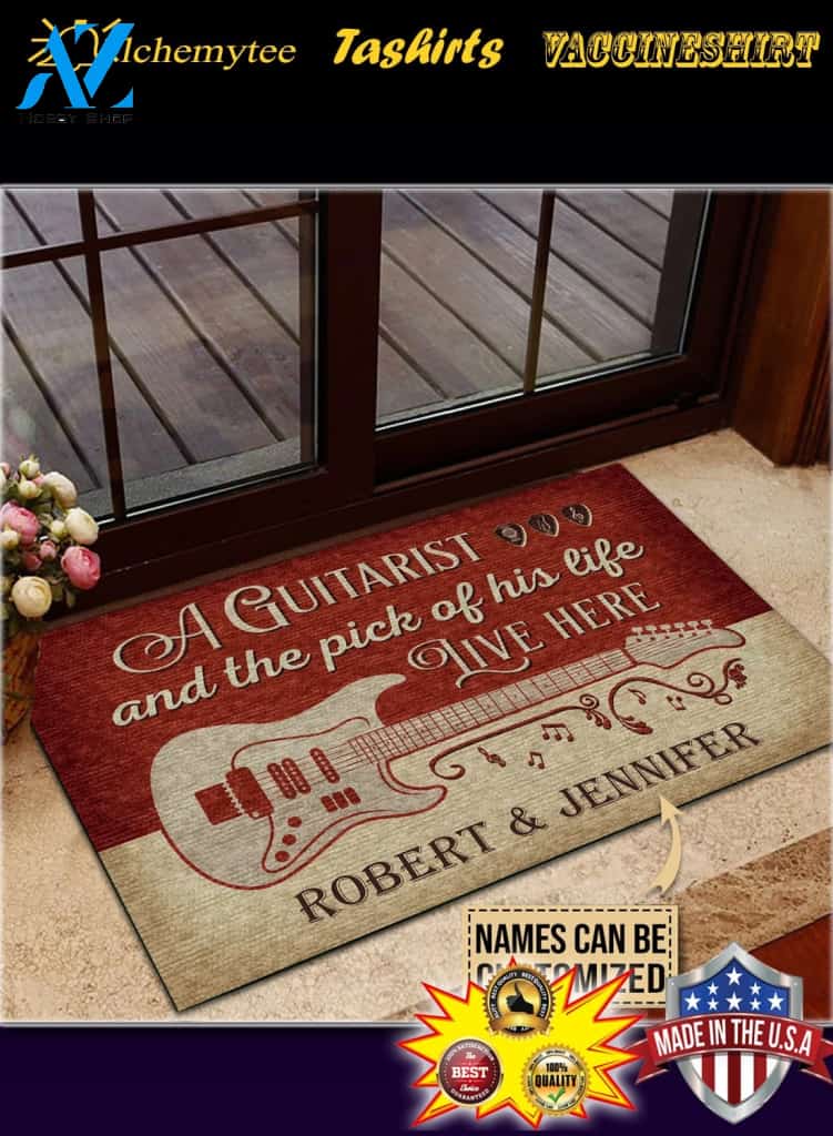 Personalized Guitar Red Old Couple Live Here Customized Doormat
