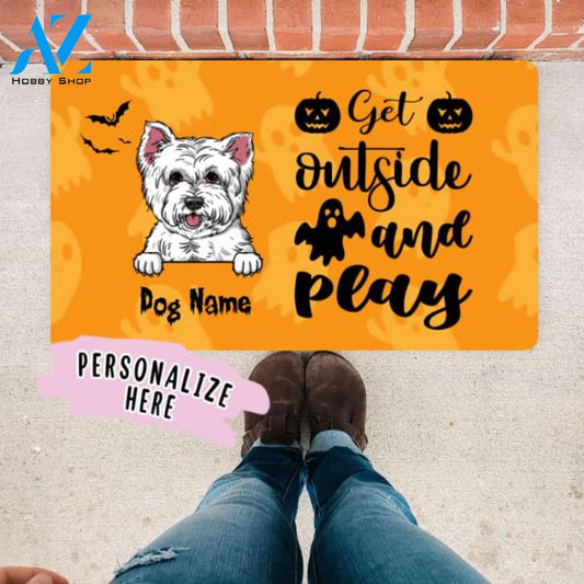 Personalized Halloween Dog Premium Doormat, Get Outside and Play Funny Halloween Gift Mat, Gift For Dog Lover Halloween, Housewarming Halloween Gift