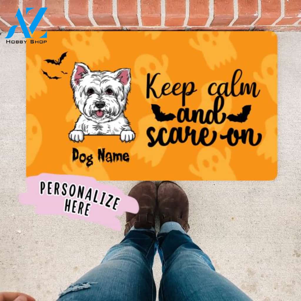 Personalized Halloween Dog Premium Doormat, Keep calm and Scare On Funny Halloween Mat , Halloween Door Mat, Housewarming Halloween Gift