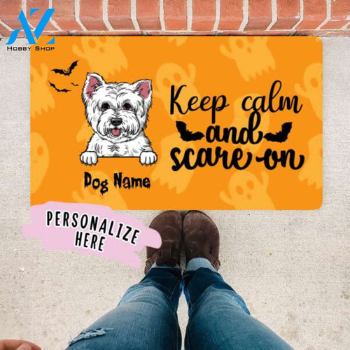 Personalized Halloween Dog Premium Doormat, Keep calm and Scare On Funny Halloween Mat , Halloween Door Mat, Housewarming Halloween Gift