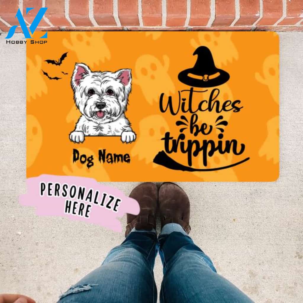 Personalized Halloween Dog Premium Doormat, Witches be Trippin Funny Halloween Door Mat, Gift For Dog Lover Halloween, Housewarming Halloween Gift