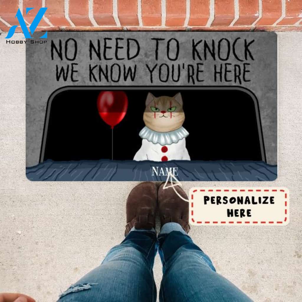 Personalized Halloween Gift Horror Cat No Need To Knock We Know You're Here Doormat, Custom Up To 3 Cats