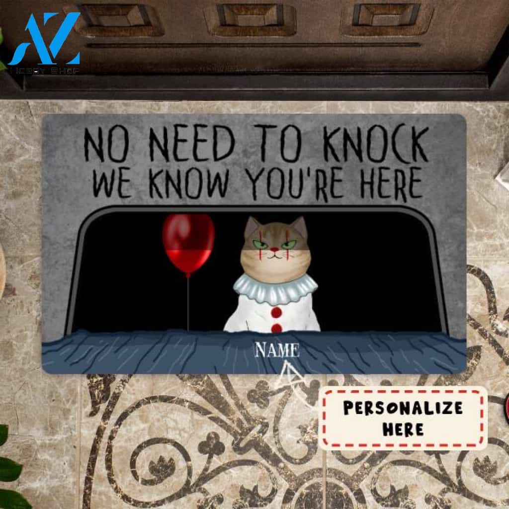 Personalized Halloween Gift Horror Cat No Need To Knock We Know You're Here Doormat, Custom Up To 3 Cats