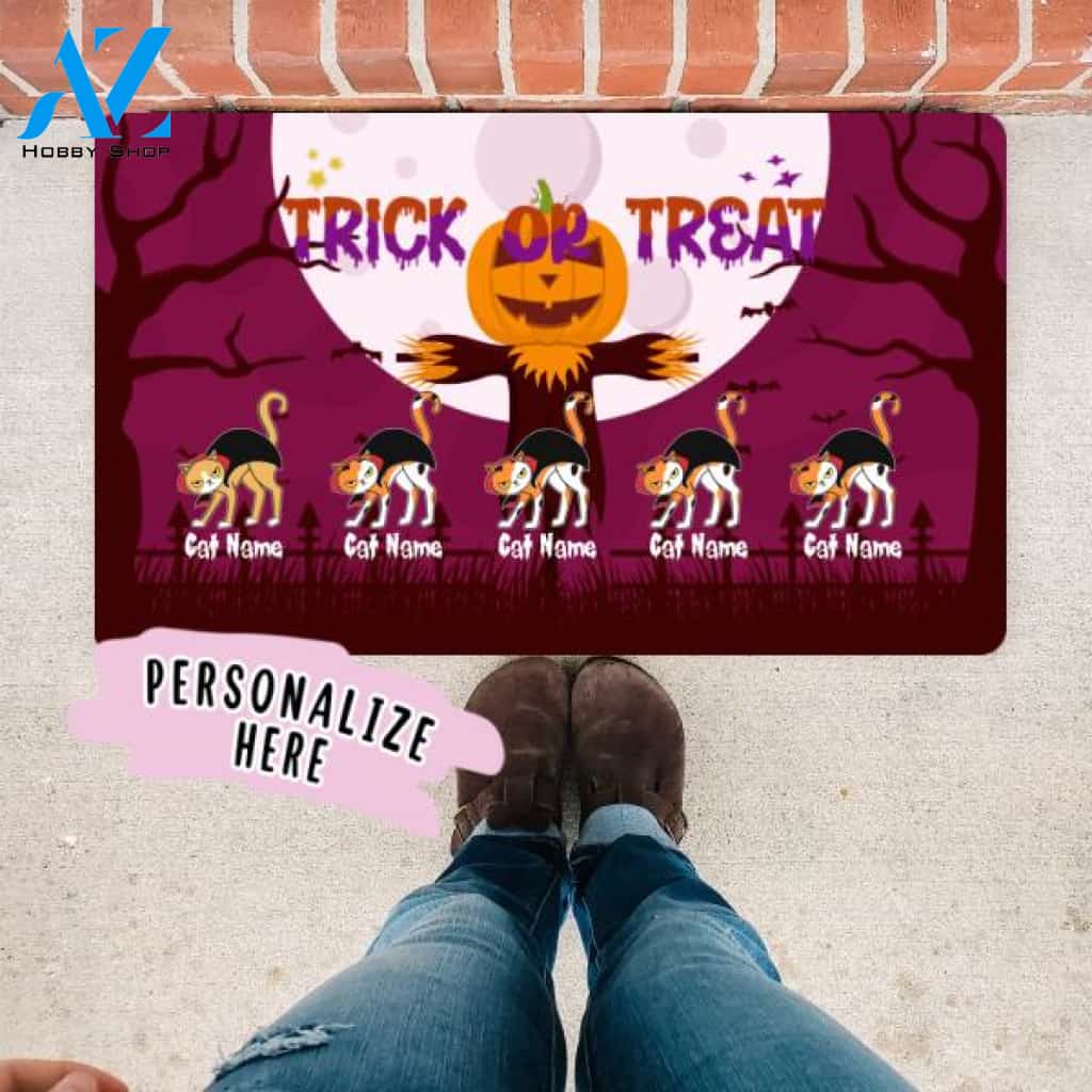 Personalized Halloween Trick Or Treat Premium Doormat, Cat Costume Halloween, Trick or Treat Door Mat, Housewarming Halloween Gift, Halloween Gift