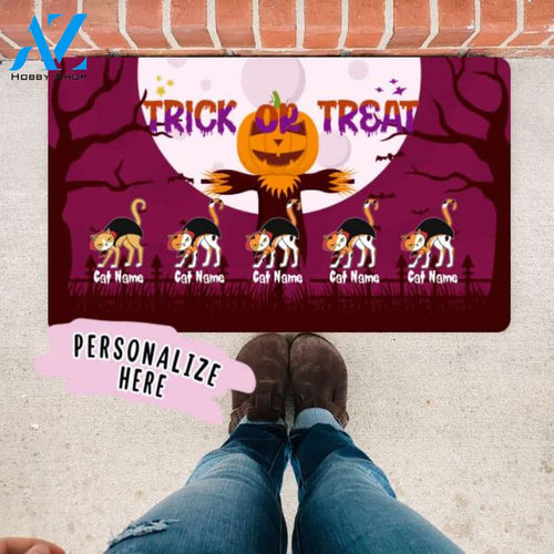Personalized Halloween Trick Or Treat Premium Doormat, Cat Costume Halloween, Trick or Treat Door Mat, Housewarming Halloween Gift, Halloween Gift