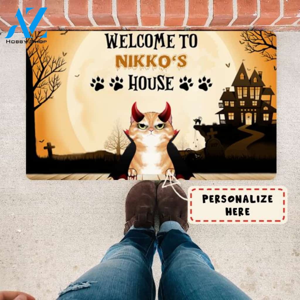Personalized Halloween Welcome To Cat's House Doormat, Custom Up to 3 Cats