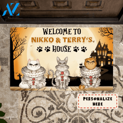 Personalized Halloween Welcome To Cat's House Doormat, Custom Up to 3 Cats