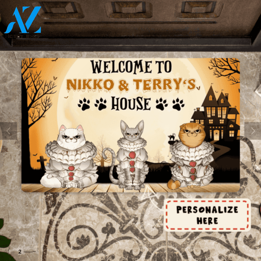 Personalized Halloween Welcome To Cat's House Doormat, Custom Up to 3 Cats