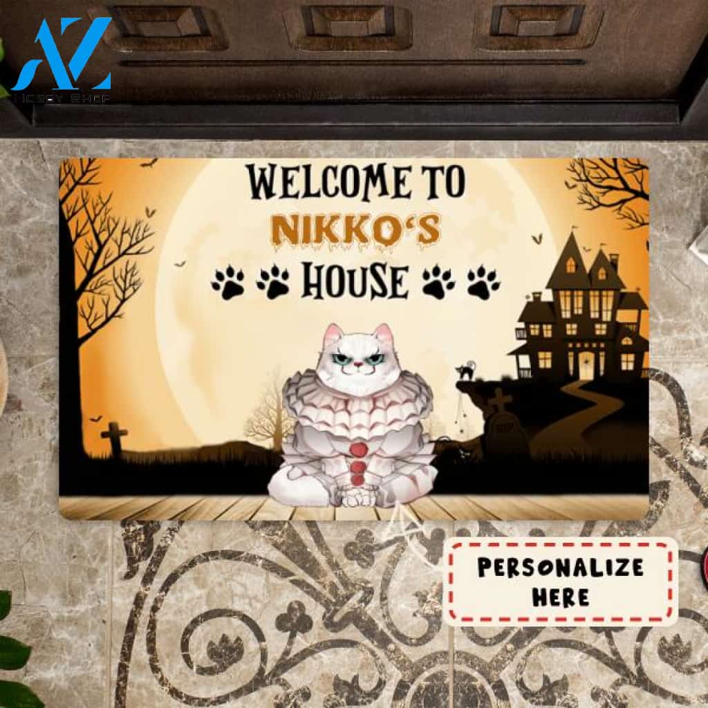 Personalized Halloween Welcome To Cat's House Doormat, Custom Up to 3 Cats