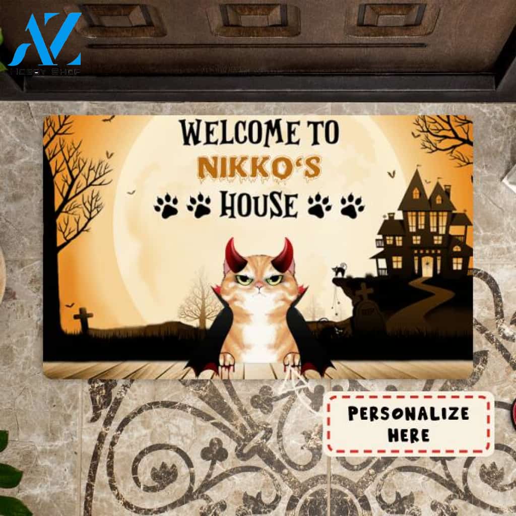 Personalized Halloween Welcome To Cat's House Doormat, Custom Up to 3 Cats