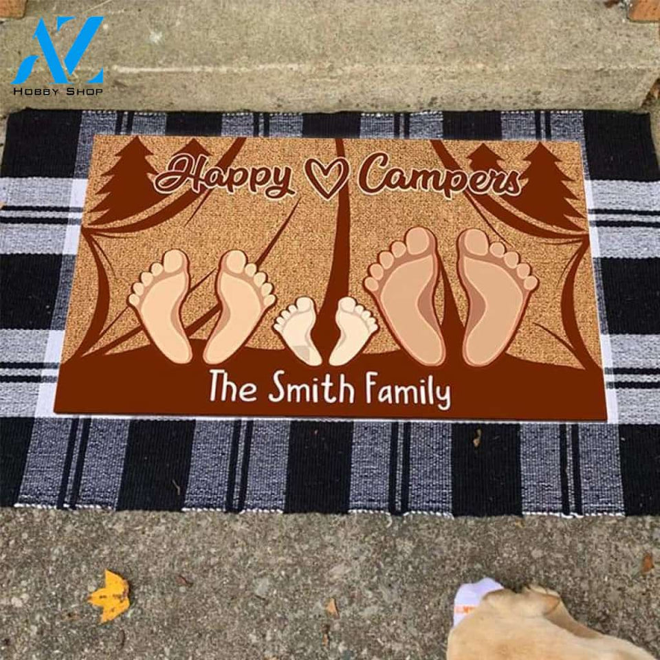 Gosszy - Personalized Happy Camper Door Mat, Personalized Name Camper doormat, Custom Camper doormat, Last Name Camper doormat, Camper gift idea Custom camp mat, doormat camping
