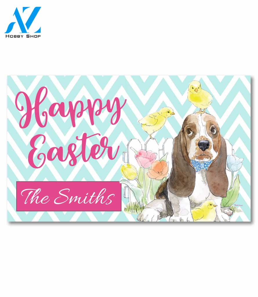 Personalized Happy Easter Basset Hound Doormat - 18" x 30"