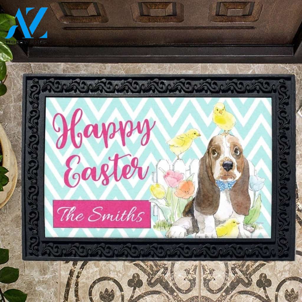 Personalized Happy Easter Basset Hound Doormat - 18" x 30"