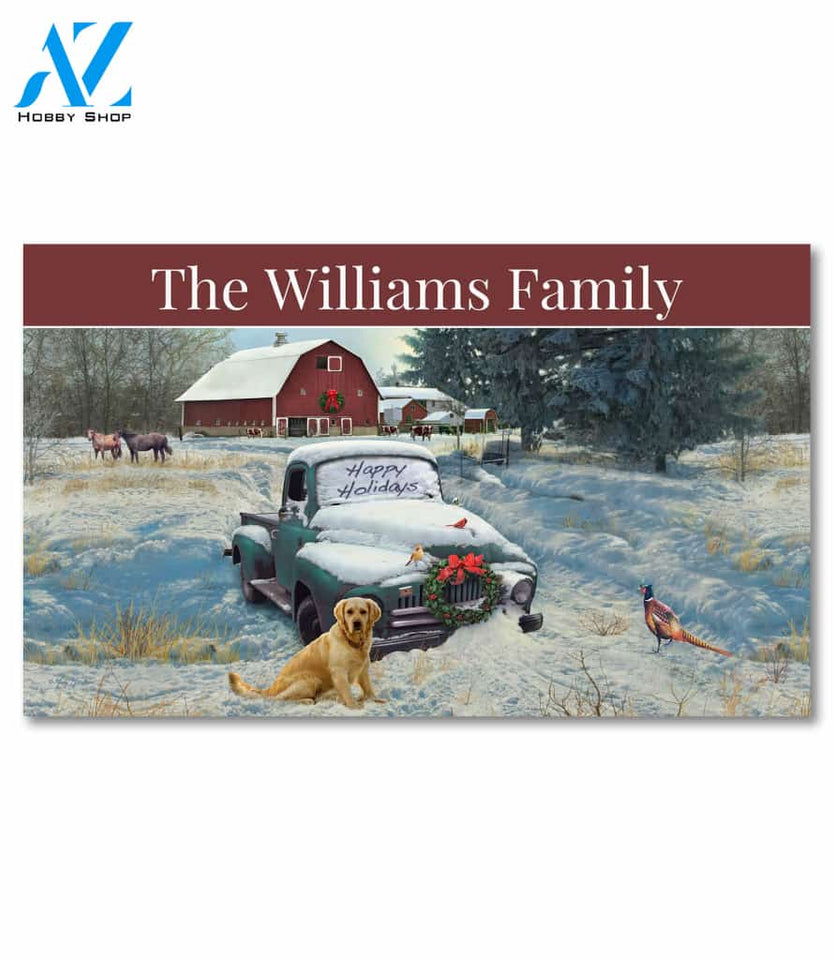 Personalized Happy Holiday Farm Truck Doormat - 18" x 30"