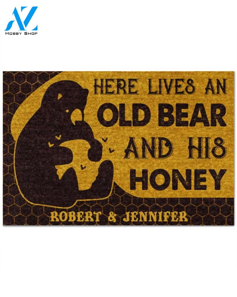 Personalized Here lives an old bear and his honey doormat