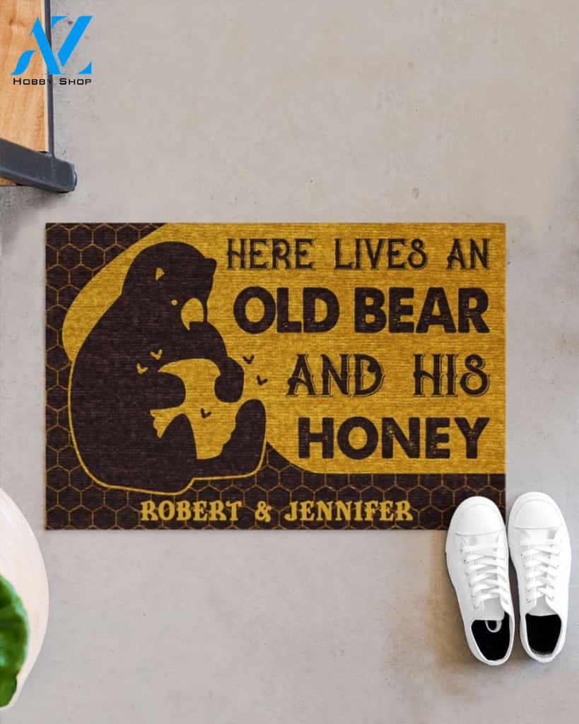 Personalized Here lives an old bear and his honey doormat