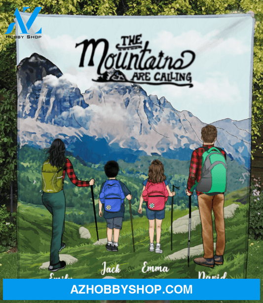 Personalized Hiking Blanket, Gift Idea for the whole family, Hiking Lovers - Parents & 2 Kids - The Mountains Are Calling