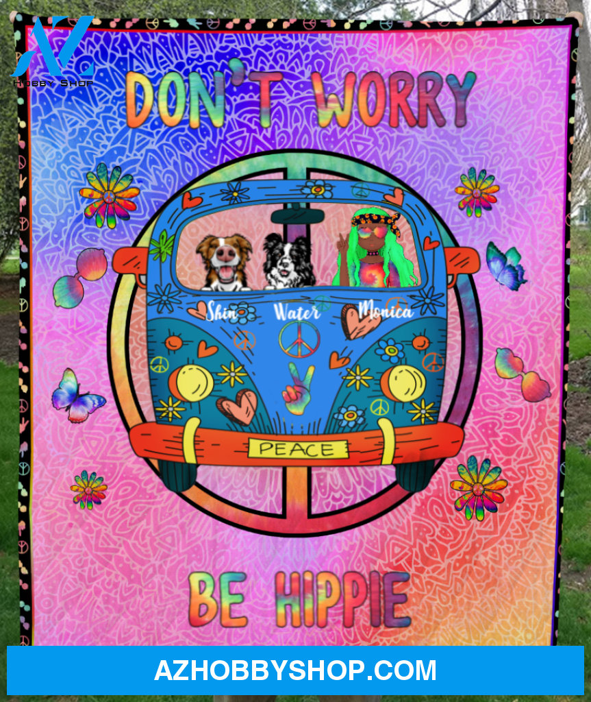 Personalized Hippie Blanket Gift Idea For The Whole Hippie Lovers, Cat Dog Lovers - 1 Girl & 2 Dogs Quilt Blanket - Stay Trippy Little Hippie