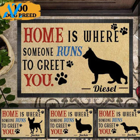 Personalized Home Is Where Someone Runs To Greet You, Funny Gift, Dog House Doormat, Funny Dog Doormat, Dog Gift, Custom Dog Mat, Cartoon Dog Printing Doormat, Dog lovers