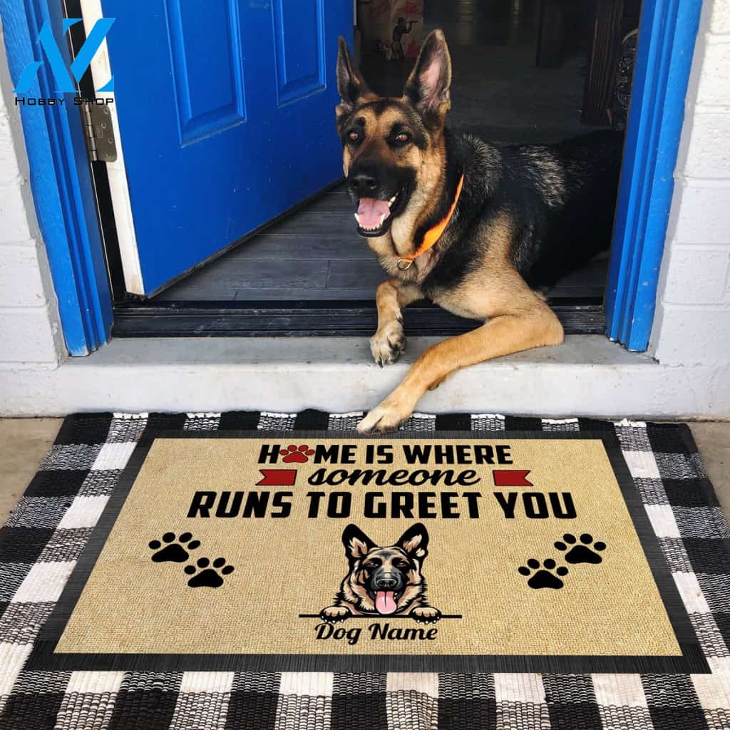 Gosszy - Personalized Home Is Where Someone Runs To Greet You Welcome Doormat, Funny Dog Home Mats, Housewarming Dog Gift, Custom Dog Mats