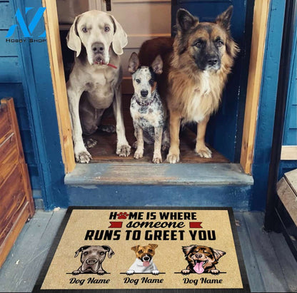 Gosszy - Personalized Home Is Where Someone Runs To Greet You Welcome Doormat, Funny Dog Home Mats, Housewarming Dog Gift, Custom Dog Mats