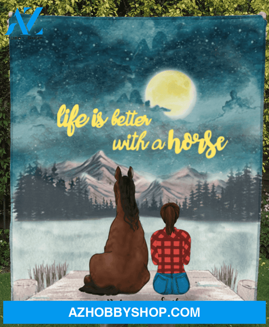 Personalized Horse & Owner Blanket, Gift Idea for Horse Lovers - 1 Horse & Mom Fleece Blanket - I love you to the moon and back