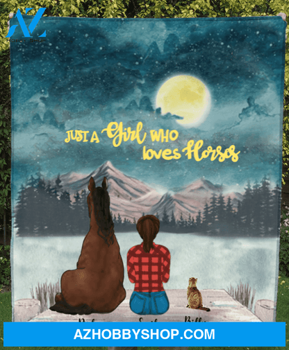 Personalized Horse & Owner Blanket, Gift Idea for Horse Lovers - Mom with 1 Cat & 1 Horse Fleece Blanket - I love you to the moon and back