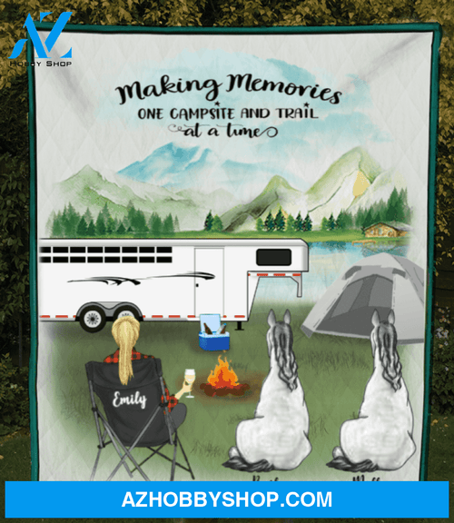 Personalized Horse & Owner Blanket, Gift Idea for Horse Lovers - 2 Horses & Mom Camping Fleece Blanket - Making memories one campsite at a time - Horse Trailer