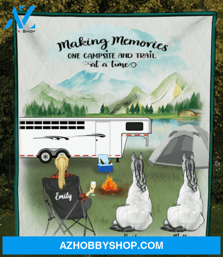 Personalized Horse & Owner Blanket, Gift Idea for Horse Lovers - 2 Horses & Mom Camping Fleece Blanket - Making memories one campsite at a time - Horse Trailer