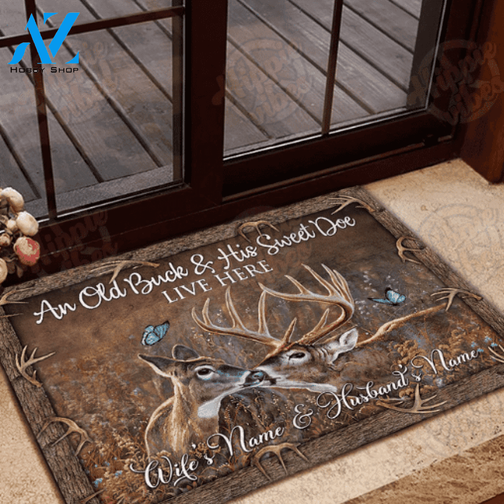 Personalized Hunting An Old Buck & His Sweet Doe Live Here Funny Indoor And Outdoor Doormat Warm House Gift Welcome Mat Birthday Gift Husband Wife