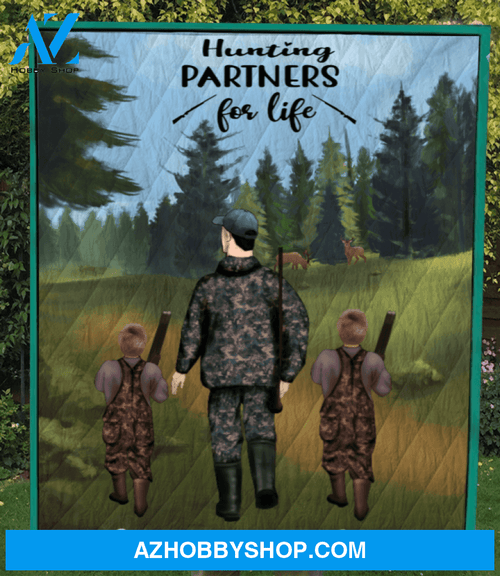 Personalized Hunting Quilt Blanket, gift from daughter/son to dad - Father & 2 Kids - Hunting Partners for Life