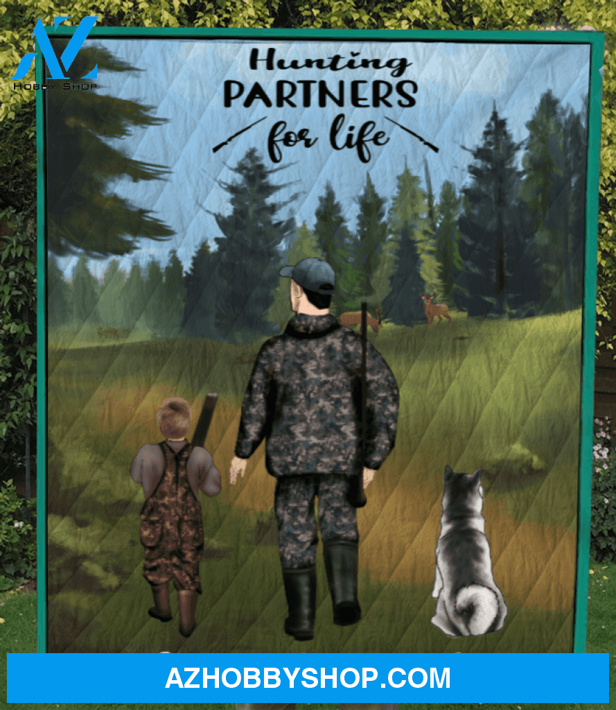 Personalized Hunting Quilt Blanket, gift from daughter/son to dad- Father & 1 Kid, 1 Pet - Hunting Partners for Life